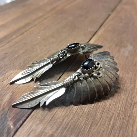 Vintage Native American Sterling Silver And Onyx Earrings - Picture 1 of 6